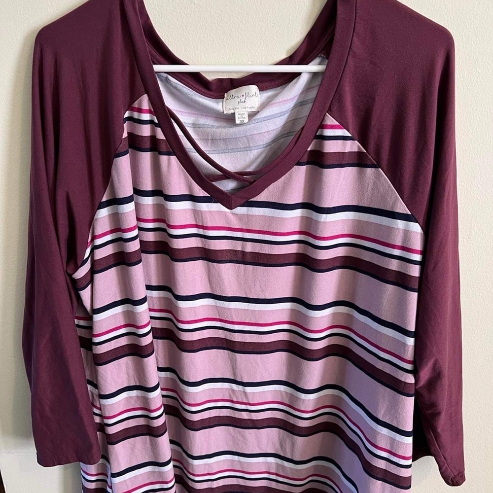 Ultra Flirt Plus size 3x V Neck Purple Stripped shirt